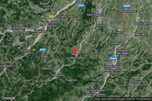 Debole Terremoto M2.4 epicentro 6 km NE Calestano (PR) alle 11:40:05 (10:40:05 UTC)