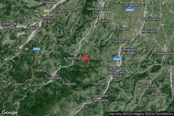 Moderato Terremoto M3.3 epicentro 6 km W Langhirano (PR) alle 15:50:35 (14:50:35 UTC)