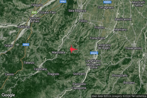 Debole Terremoto M2.6 epicentro 5 km W Langhirano (PR) alle 15:57:49 (14:57:49 UTC)