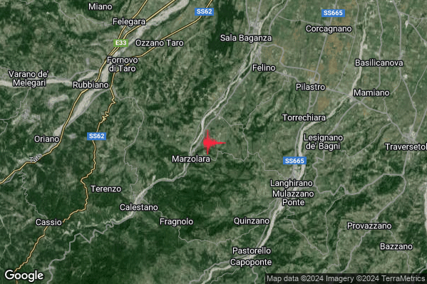 Debole Terremoto M2.3 epicentro 7 km W Langhirano (PR) alle 20:51:32 (19:51:32 UTC)