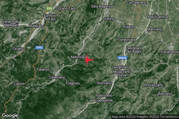 Debole Terremoto M2.5 epicentro 6 km W Langhirano (PR) alle 21:11:01 (20:11:01 UTC)