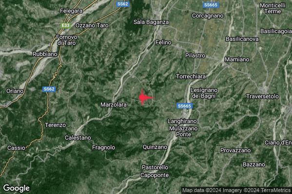 Debole Terremoto M2.6 epicentro 5 km NW Langhirano (PR) alle 10:22:47 (09:22:47 UTC)