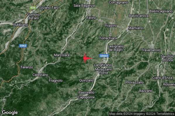 Moderato Terremoto M3.5 epicentro 3 km W Langhirano (PR) alle 11:38:08 (10:38:08 UTC)