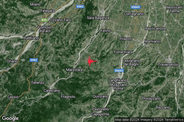 Moderato Terremoto M3.4 epicentro 6 km NW Langhirano (PR) alle 12:00:01 (11:00:01 UTC)