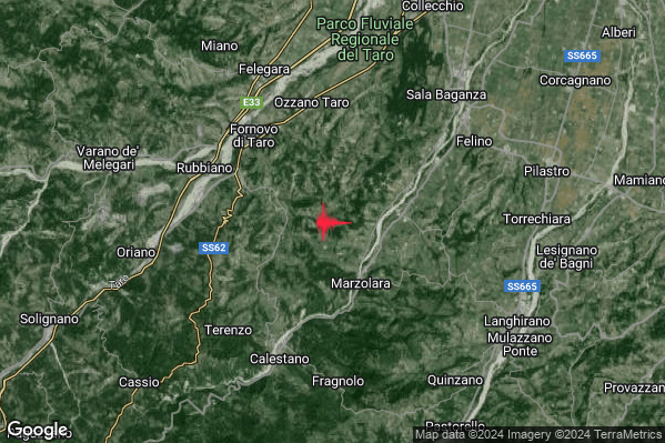 Debole Terremoto M2.7 epicentro 6 km SE Fornovo di Taro (PR) alle 12:01:36 (11:01:36 UTC)