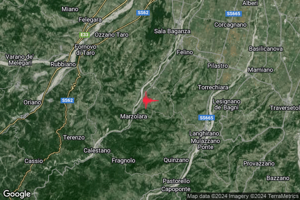Lieve Terremoto M2.1 epicentro 7 km SW Felino (PR) alle 12:12:12 (11:12:12 UTC)