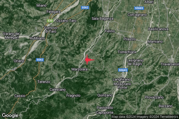 Debole Terremoto M2.4 epicentro 7 km SW Felino (PR) alle 06:33:23 (05:33:23 UTC)