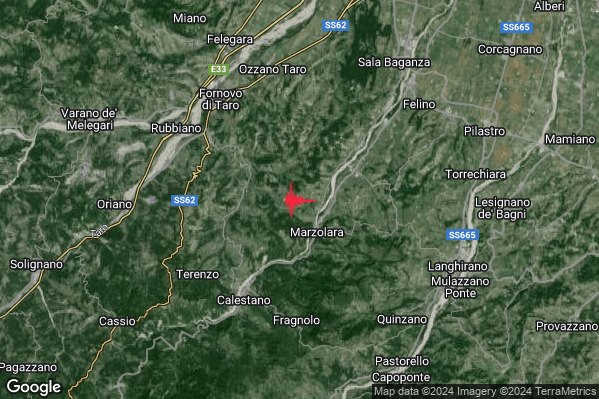Debole Terremoto M2.3 epicentro 6 km NE Calestano (PR) alle 06:38:54 (05:38:54 UTC)