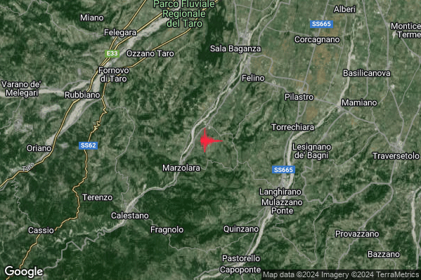Debole Terremoto M2.7 epicentro 6 km SW Felino (PR) alle 07:49:12 (06:49:12 UTC)