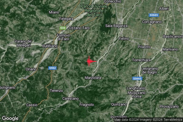 Debole Terremoto M2.6 epicentro 7 km SE Fornovo di Taro (PR) alle 07:56:25 (06:56:25 UTC)