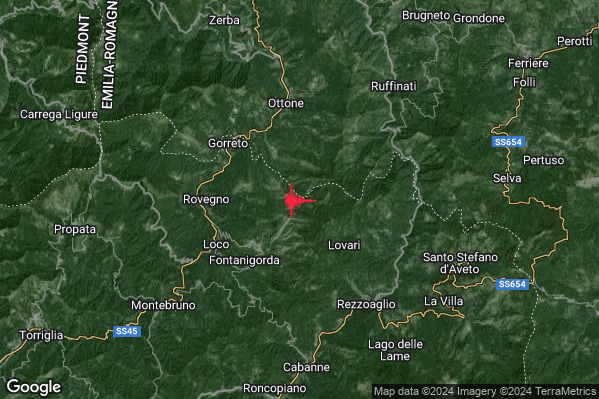Lieve Terremoto M2.1 epicentro 4 km NE Fontanigorda (GE) alle 09:12:32 (08:12:32 UTC)