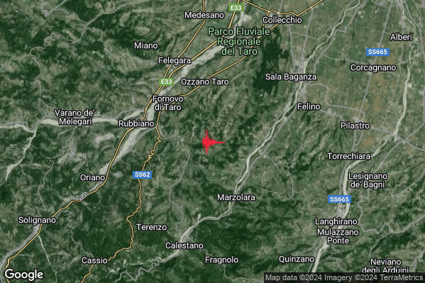 Debole Terremoto M2.5 epicentro 4 km SE Fornovo di Taro (PR) alle 12:02:18 (11:02:18 UTC)