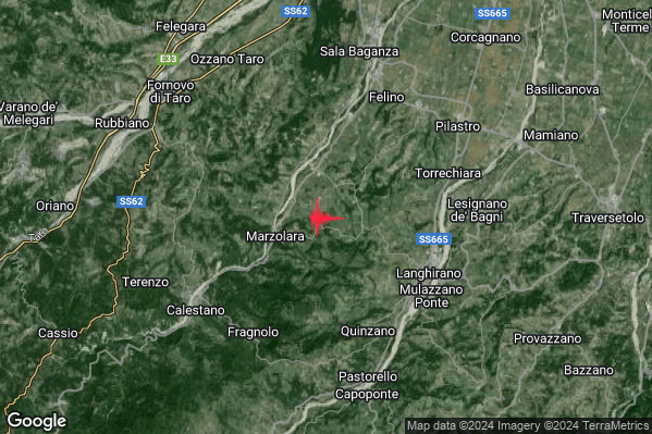 Leggero Terremoto M3.2 epicentro 6 km W Langhirano (PR) alle 12:03:08 (11:03:08 UTC)