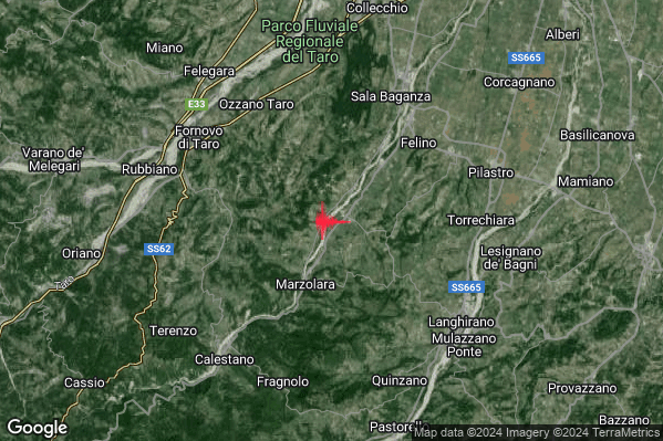 Debole Terremoto M2.4 epicentro 6 km SW Felino (PR) alle 12:12:35 (11:12:35 UTC)