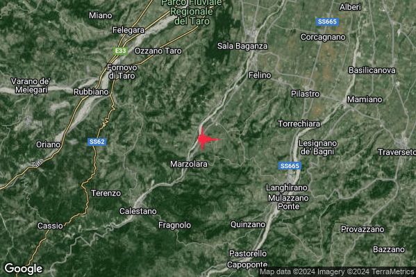 Debole Terremoto M2.4 epicentro 7 km SW Felino (PR) alle 12:22:02 (11:22:02 UTC)