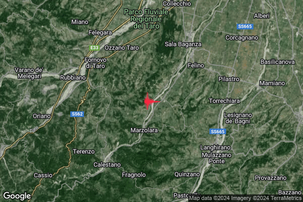 Debole Terremoto M2.4 epicentro 6 km SW Felino (PR) alle 12:32:03 (11:32:03 UTC)