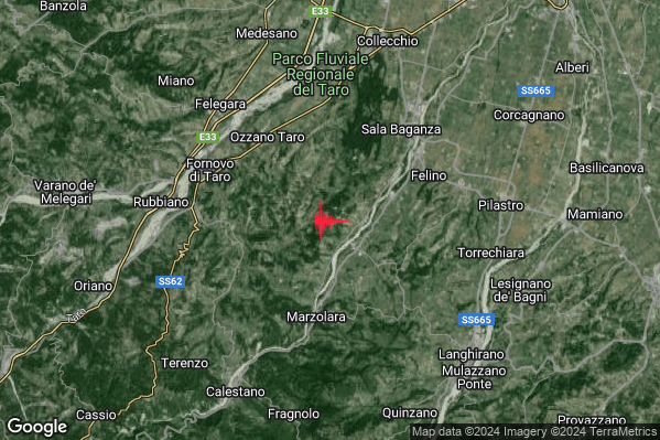 Debole Terremoto M2.3 epicentro 5 km W Felino (PR) alle 12:43:22 (11:43:22 UTC)