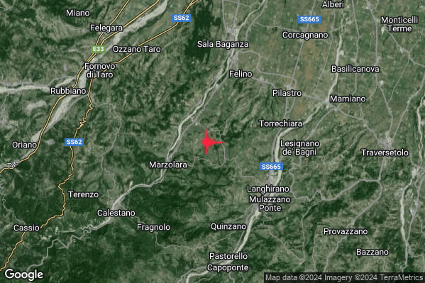 Lieve Terremoto M2.1 epicentro 5 km NW Langhirano (PR) alle 14:57:05 (13:57:05 UTC)