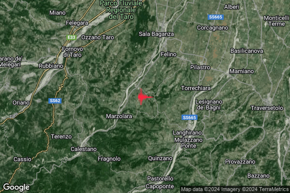 Lieve Terremoto M2.0 epicentro 6 km SW Felino (PR) alle 15:47:17 (14:47:17 UTC)