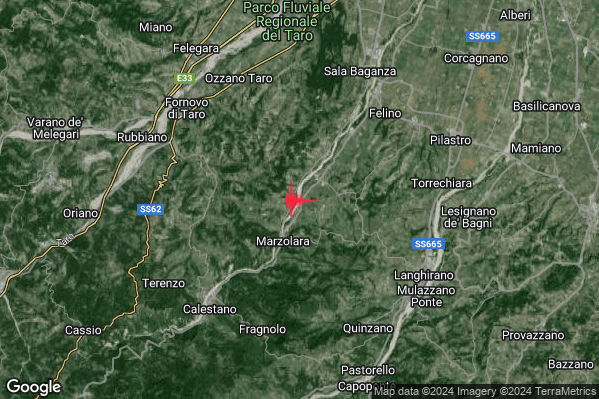 Debole Terremoto M2.3 epicentro 7 km SW Felino (PR) alle 16:15:52 (15:15:52 UTC)
