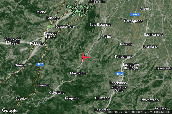Debole Terremoto M2.3 epicentro 6 km SW Felino (PR) alle 16:26:57 (15:26:57 UTC)