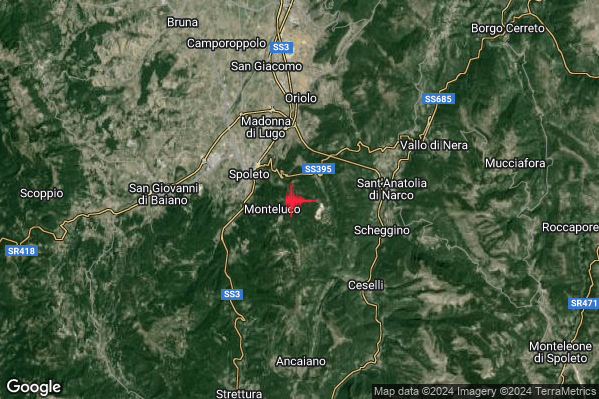 Debole Terremoto M2.3 epicentro 3 km E Spoleto (PG) alle 16:34:55 (15:34:55 UTC)