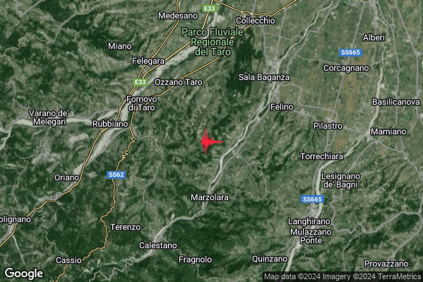 Leggero Terremoto M2.9 epicentro 6 km W Felino (PR) alle 21:00:50 (20:00:50 UTC)