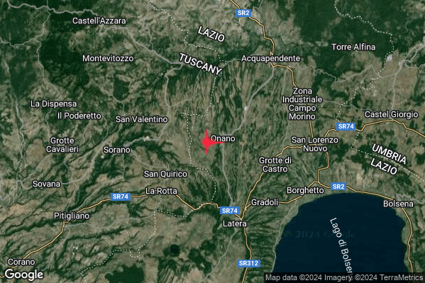 Debole Terremoto M2.6 epicentro 1 km SW Onano (VT) alle 02:32:44 (01:32:44 UTC)
