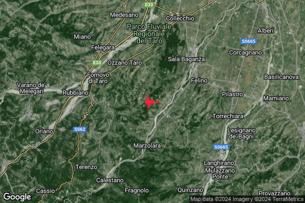 Debole Terremoto M2.4 epicentro 6 km W Felino (PR) alle 06:12:35 (05:12:35 UTC)