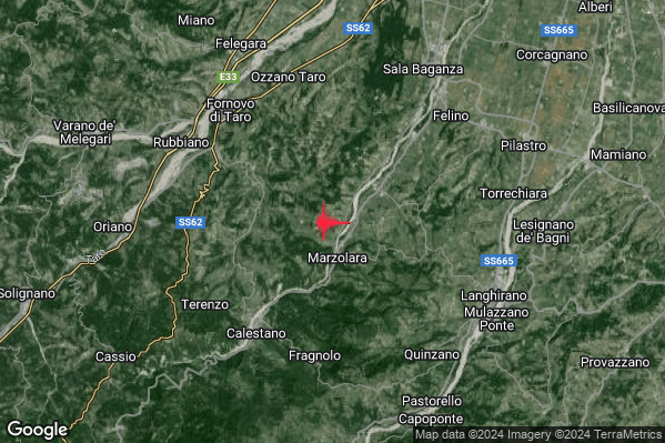 Debole Terremoto M2.5 epicentro 6 km NE Calestano (PR) alle 09:42:47 (08:42:47 UTC)