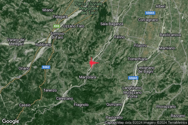 Debole Terremoto M2.3 epicentro 7 km SW Felino (PR) alle 12:27:56 (11:27:56 UTC)