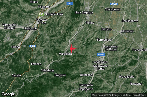 Debole Terremoto M2.6 epicentro 6 km W Langhirano (PR) alle 18:59:07 (17:59:07 UTC)