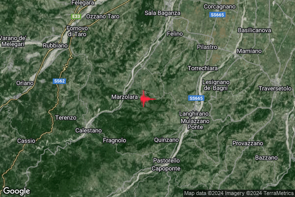 Debole Terremoto M2.6 epicentro 5 km W Langhirano (PR) alle 19:38:09 (18:38:09 UTC)