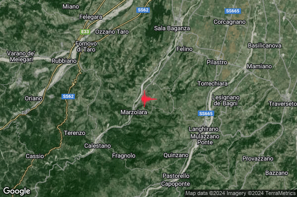 Leggero Terremoto M3.0 epicentro 7 km W Langhirano (PR) alle 16:04:54 (15:04:54 UTC)
