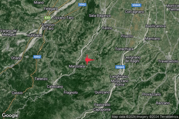 Debole Terremoto M2.7 epicentro 6 km W Langhirano (PR) alle 18:44:12 (17:44:12 UTC)
