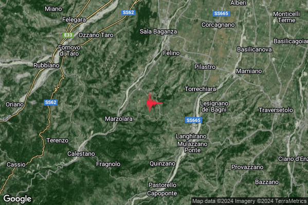 Debole Terremoto M2.6 epicentro 5 km NW Langhirano (PR) alle 21:25:04 (20:25:04 UTC)