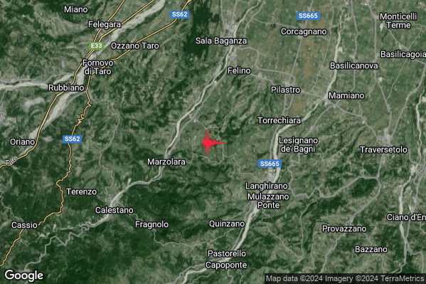 Debole Terremoto M2.3 epicentro 5 km NW Langhirano (PR) alle 14:04:05 (13:04:05 UTC)