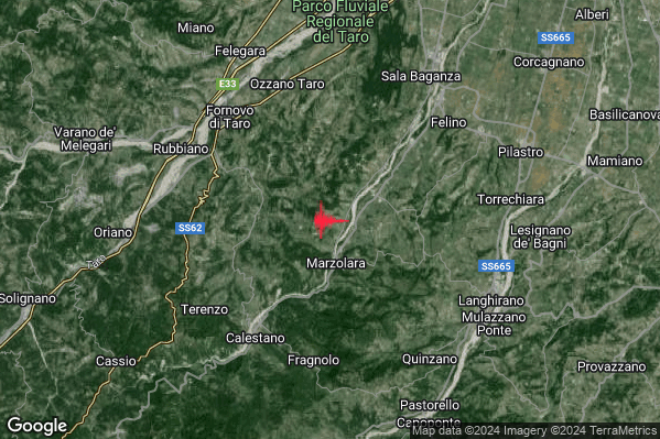 Debole Terremoto M2.4 epicentro 7 km NE Calestano (PR) alle 14:22:41 (13:22:41 UTC)