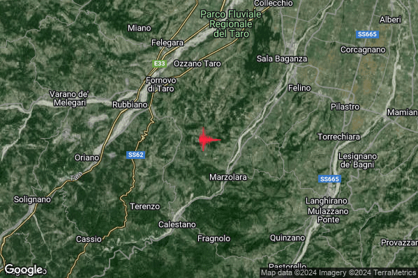 Debole Terremoto M2.4 epicentro 6 km SE Fornovo di Taro (PR) alle 16:47:35 (15:47:35 UTC)