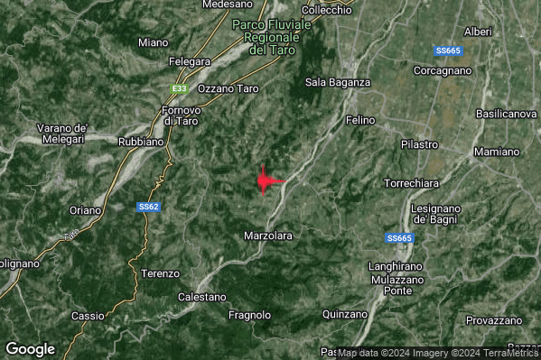 Debole Terremoto M2.4 epicentro 7 km E Fornovo di Taro (PR) alle 17:50:20 (16:50:20 UTC)