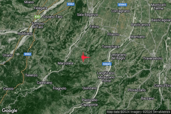 Debole Terremoto M2.6 epicentro 5 km NW Langhirano (PR) alle 18:26:58 (17:26:58 UTC)