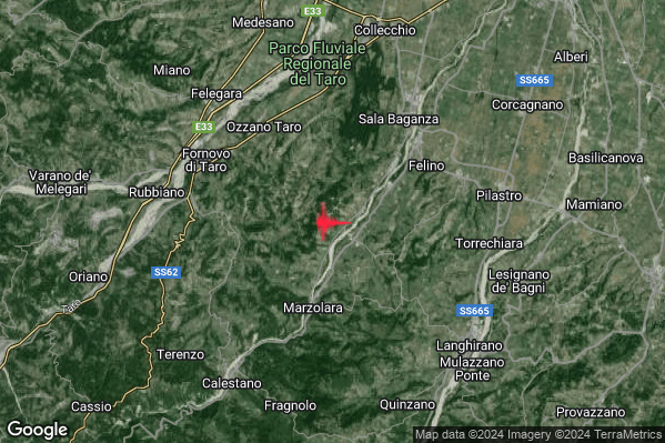 Debole Terremoto M2.3 epicentro 6 km SW Felino (PR) alle 21:50:29 (20:50:29 UTC)