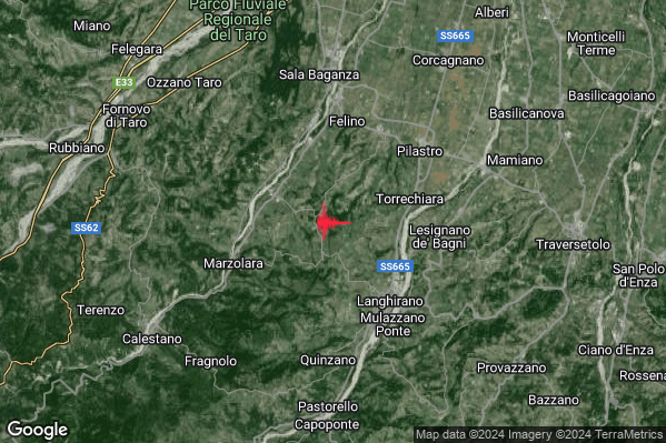 Debole Terremoto M2.4 epicentro 5 km NW Langhirano (PR) alle 01:37:59 (00:37:59 UTC)