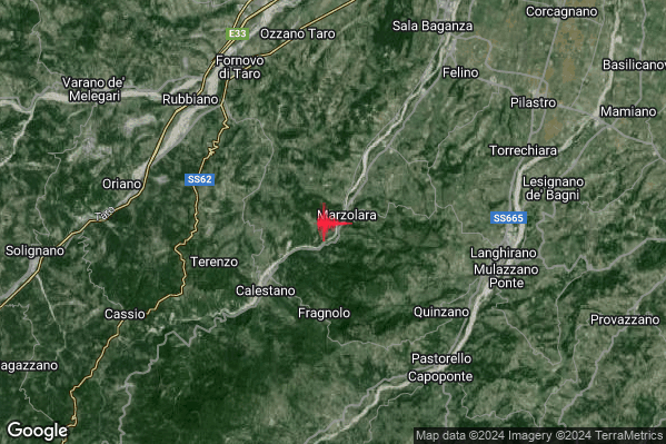 Leggero Terremoto M2.9 epicentro 4 km NE Calestano (PR) alle 01:45:41 (00:45:41 UTC)