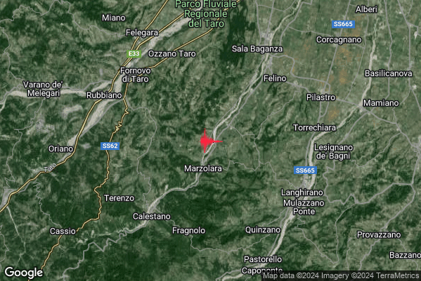 Debole Terremoto M2.6 epicentro 7 km NE Calestano (PR) alle 09:57:57 (08:57:57 UTC)