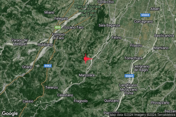 Debole Terremoto M2.7 epicentro 7 km SW Felino (PR) alle 10:54:02 (09:54:02 UTC)
