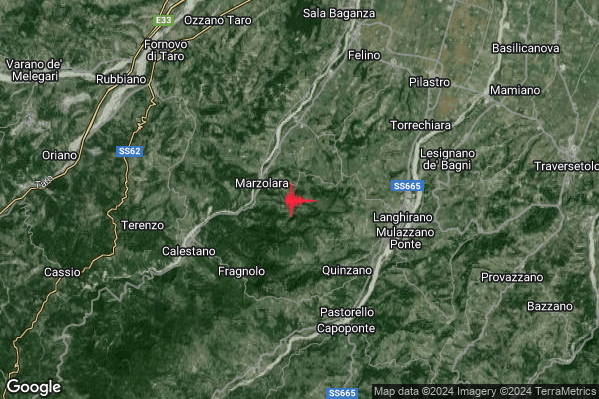 Debole Terremoto M2.4 epicentro 6 km W Langhirano (PR) alle 11:57:54 (10:57:54 UTC)