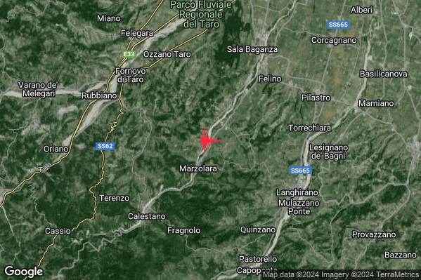 Debole Terremoto M2.4 epicentro 7 km SW Felino (PR) alle 12:03:31 (11:03:31 UTC)