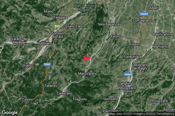 Debole Terremoto M2.5 epicentro 7 km SW Felino (PR) alle 12:53:52 (11:53:52 UTC)