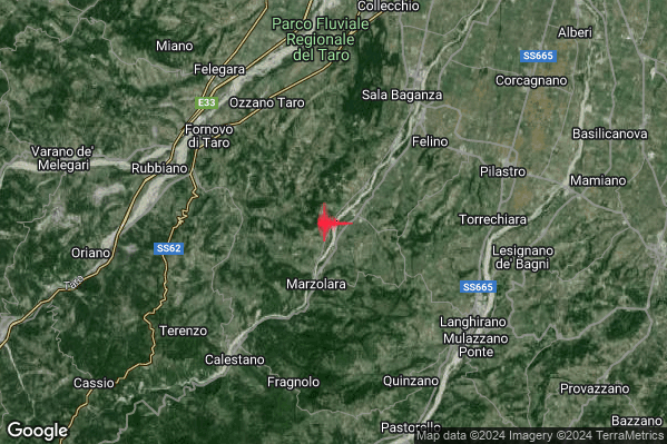 Lieve Terremoto M2.2 epicentro 6 km SW Felino (PR) alle 16:25:45 (15:25:45 UTC)